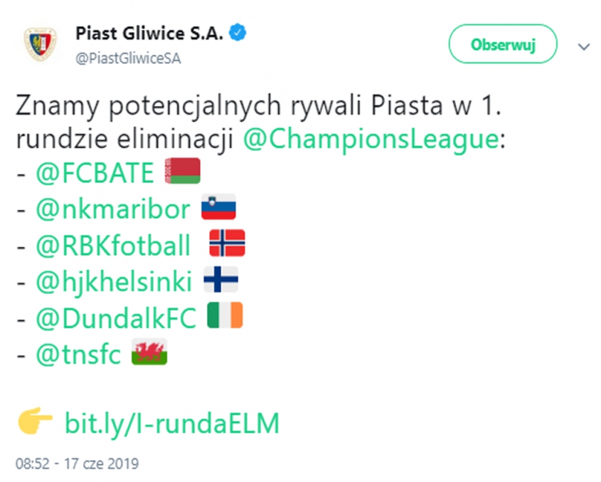 Potencjalni rywale Piasta Gliwice w el. do Ligi Mistrzów!